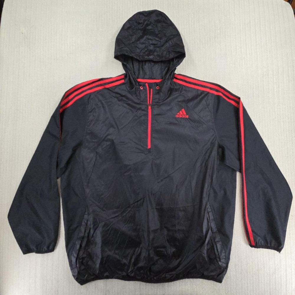 Adidas Windbreaker Jacket Mens 2XL Black Red Hooded 1/4 Zip Pullover CG9371